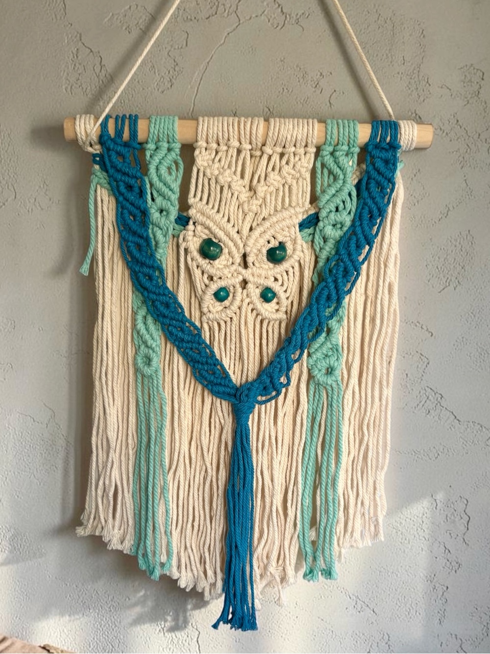 Handmade Macramé Wall Hanging in Cream, Teal & Turquoise